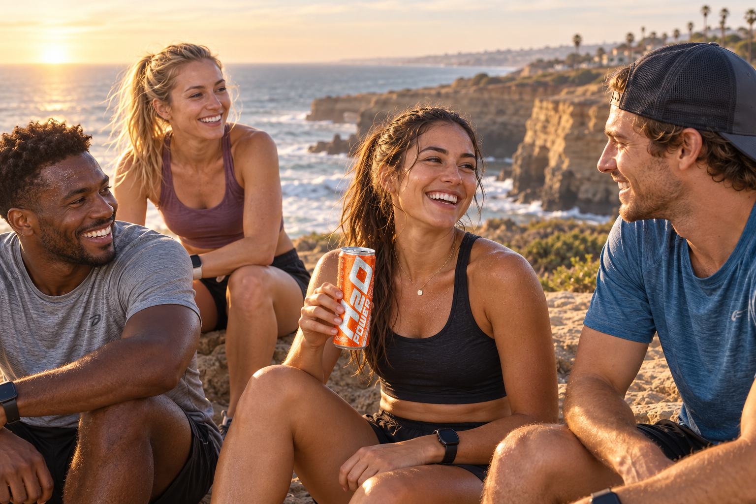 Friends enjoying H2O Power after a run beside San Diego's coastal cliffs