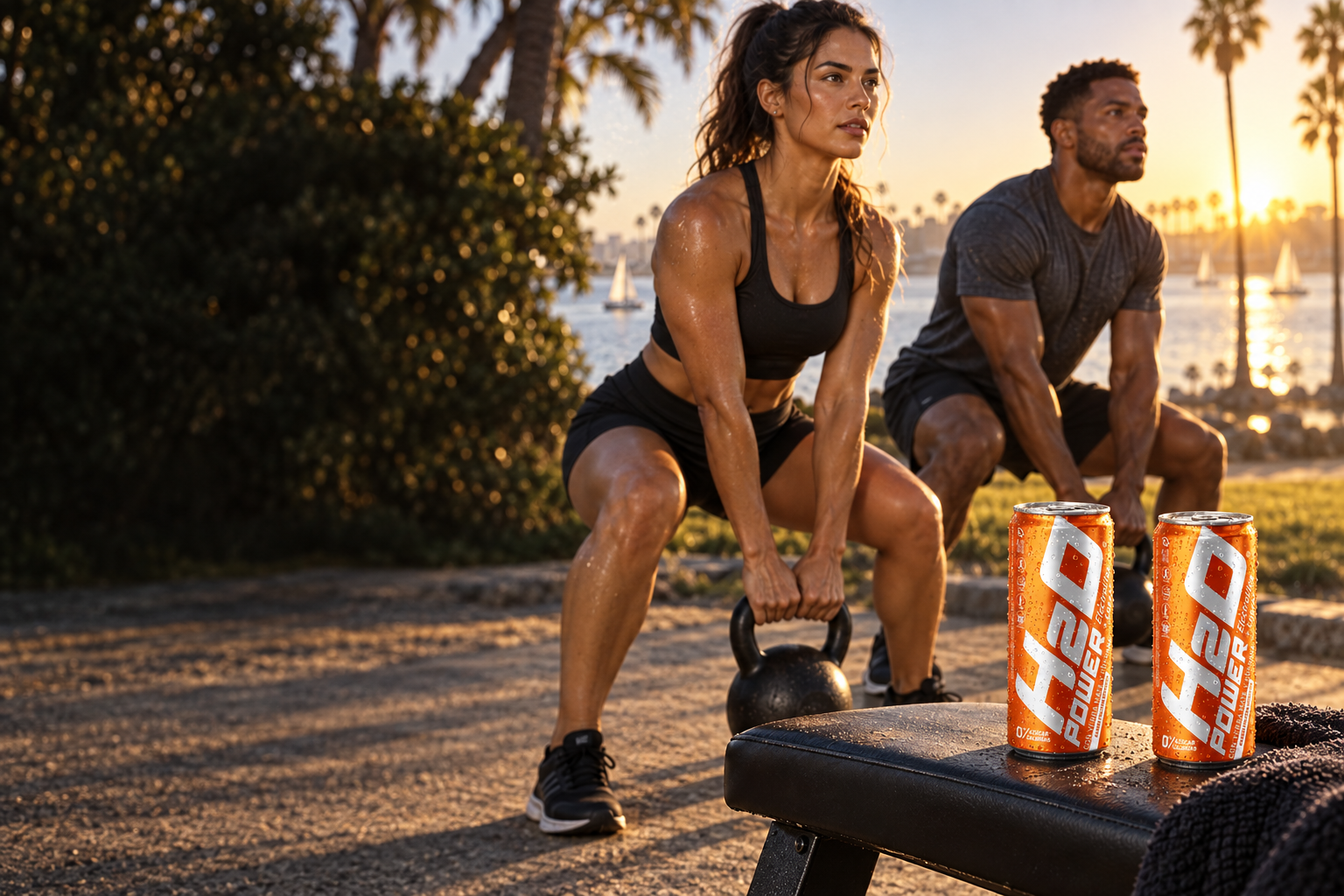 H2O Power cans beside an outdoor workout at Mission Bay
