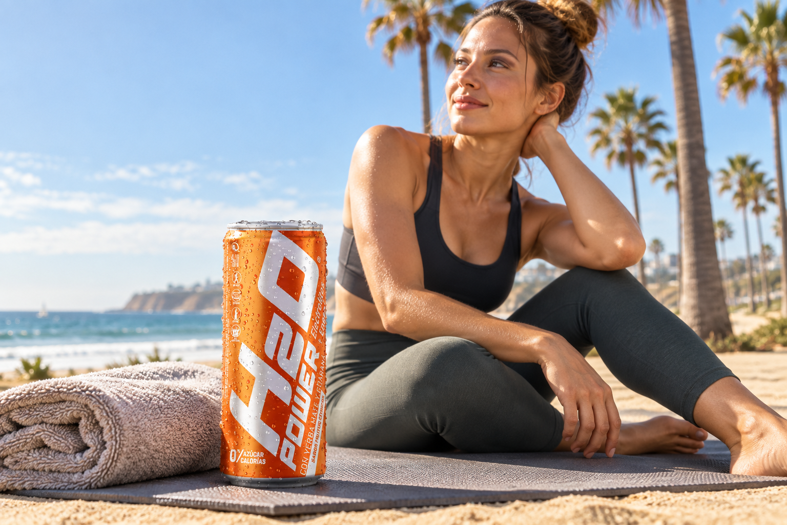 An orange H2O Power can beside a woman relaxing after beach yoga